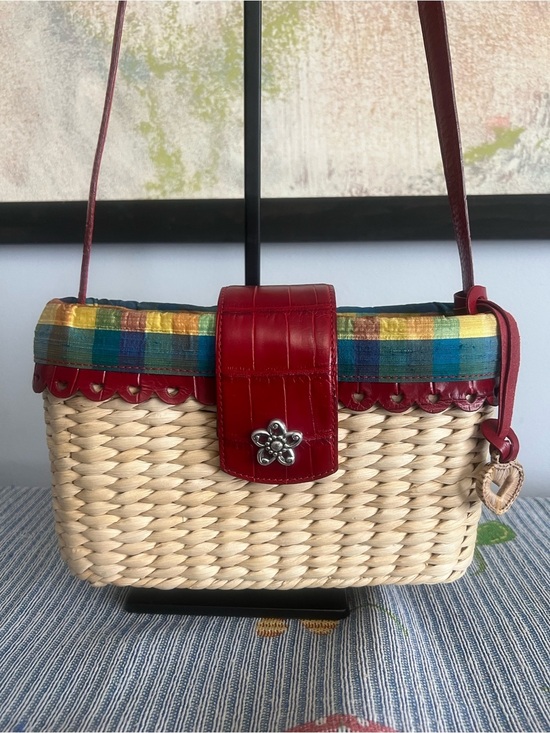 Brighton Handbags - Brighton Woven Straw Crossbody Bag with Red Leather Trim and Multicolor Ribbon